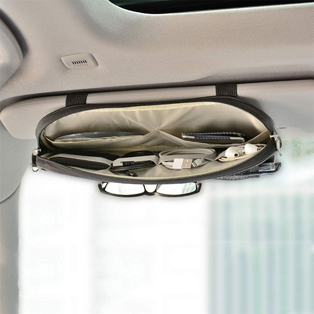 Kartisen sun visor organizer with mesh pocket for quick access to small items.