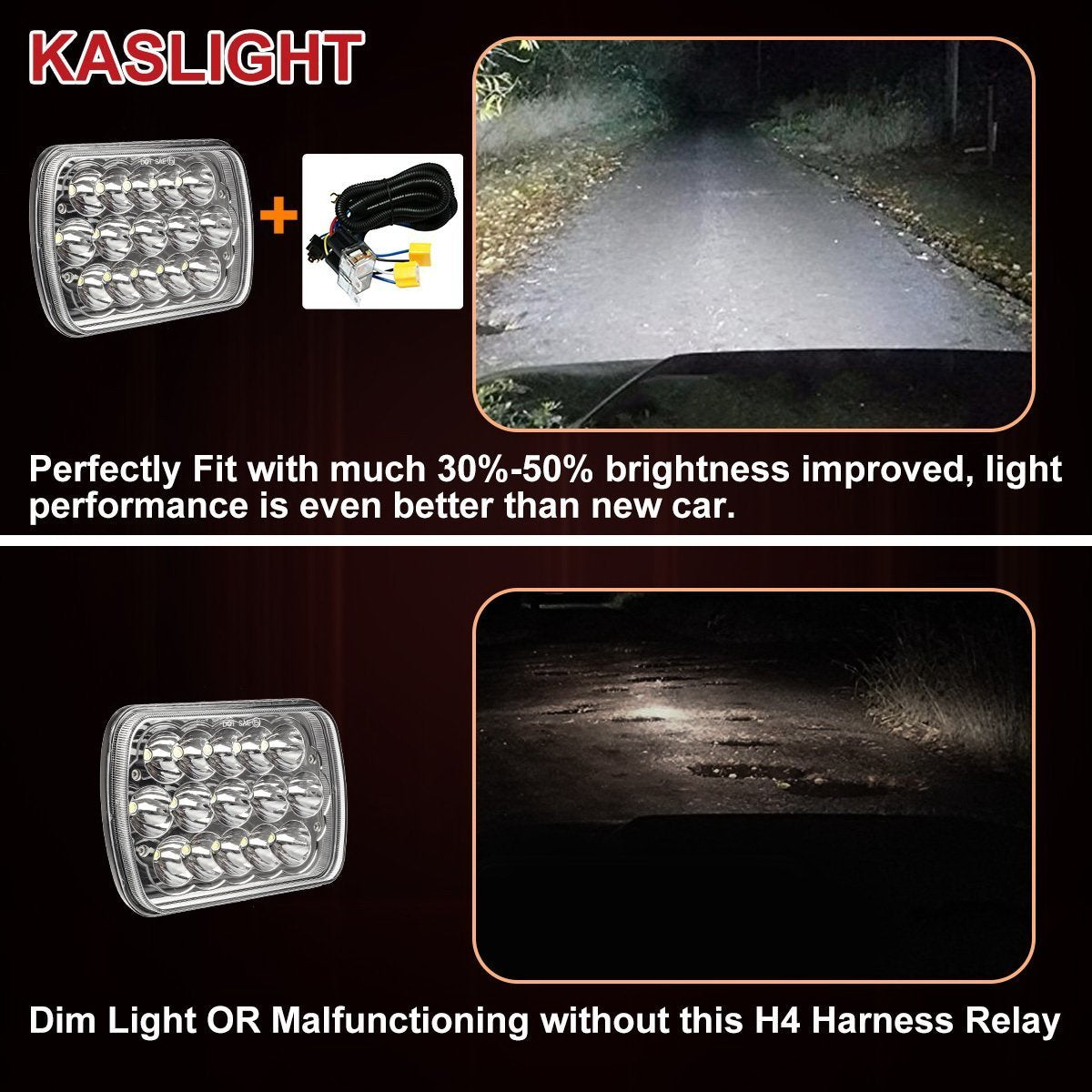 KASLIGHT H4 relay harness assembly view for quick plug-and-play setup.