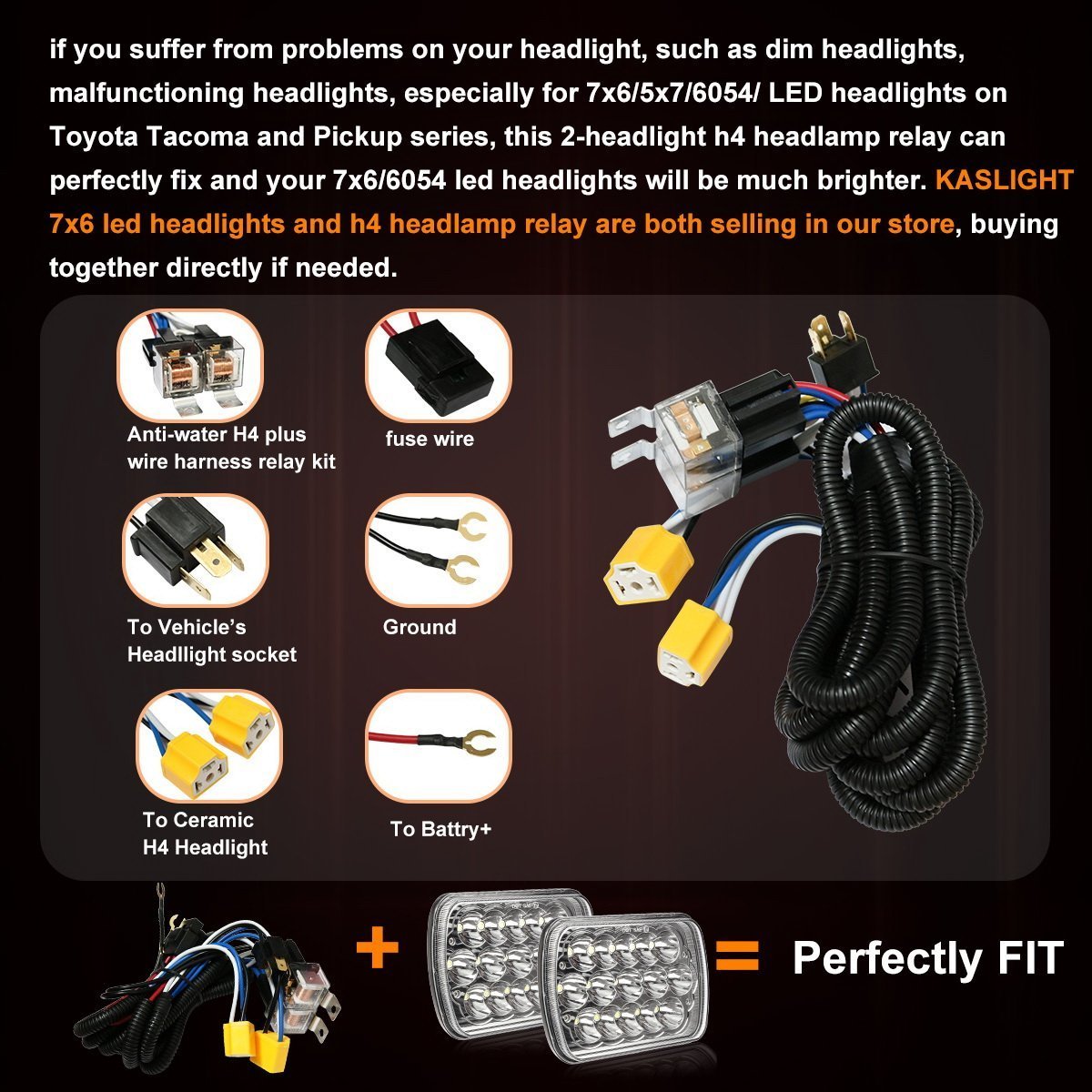 KASLIGHT H4 relay harness with fuse cover protects wiring.