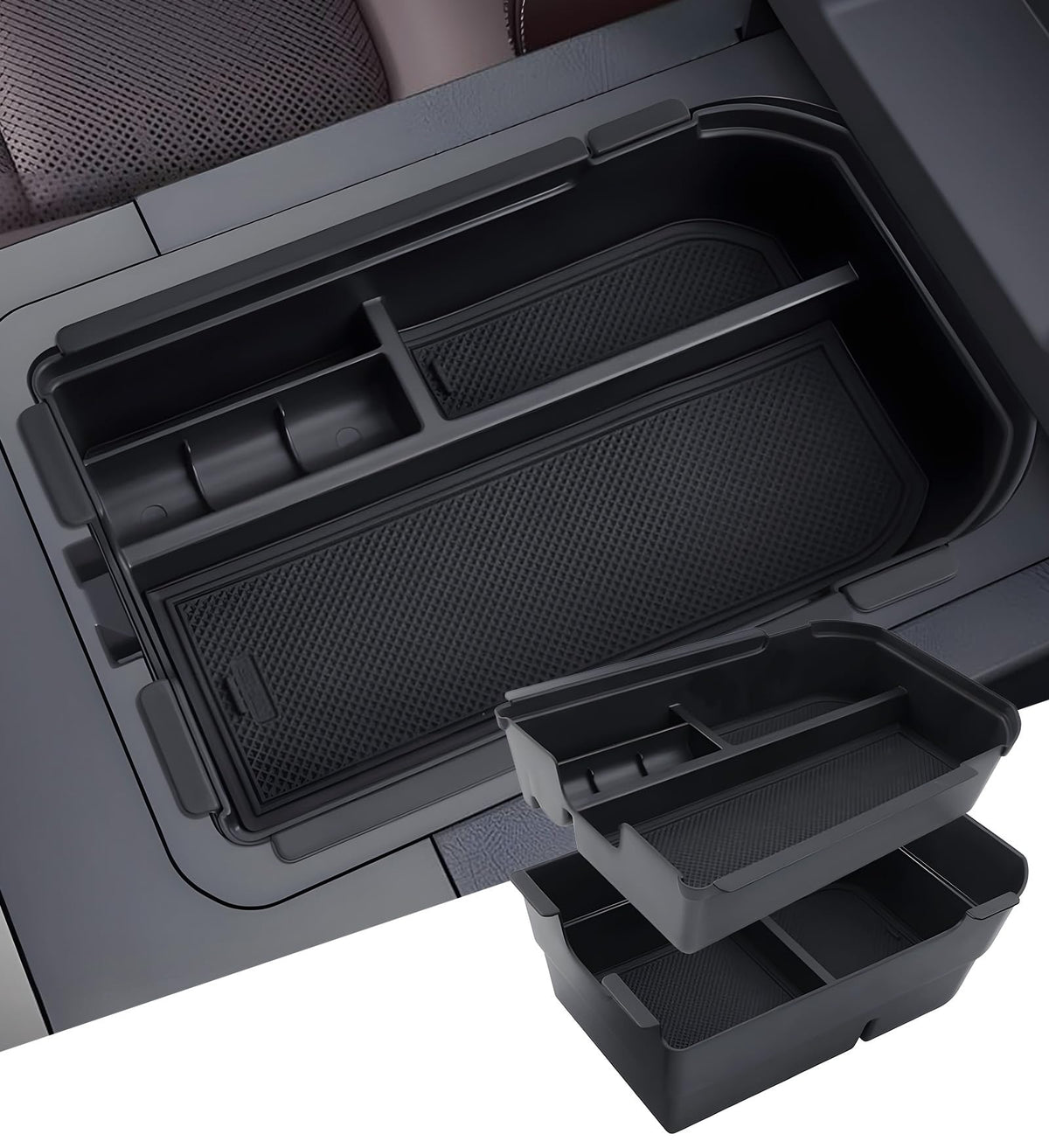 Katorn center console organizer for Prado LC250 keeps phones and wallets neatly stored.