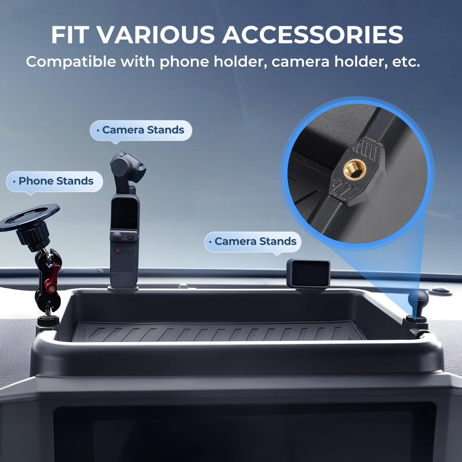 Katorn dashboard storage tray behind-screen on 4Runner with 8-inch display.