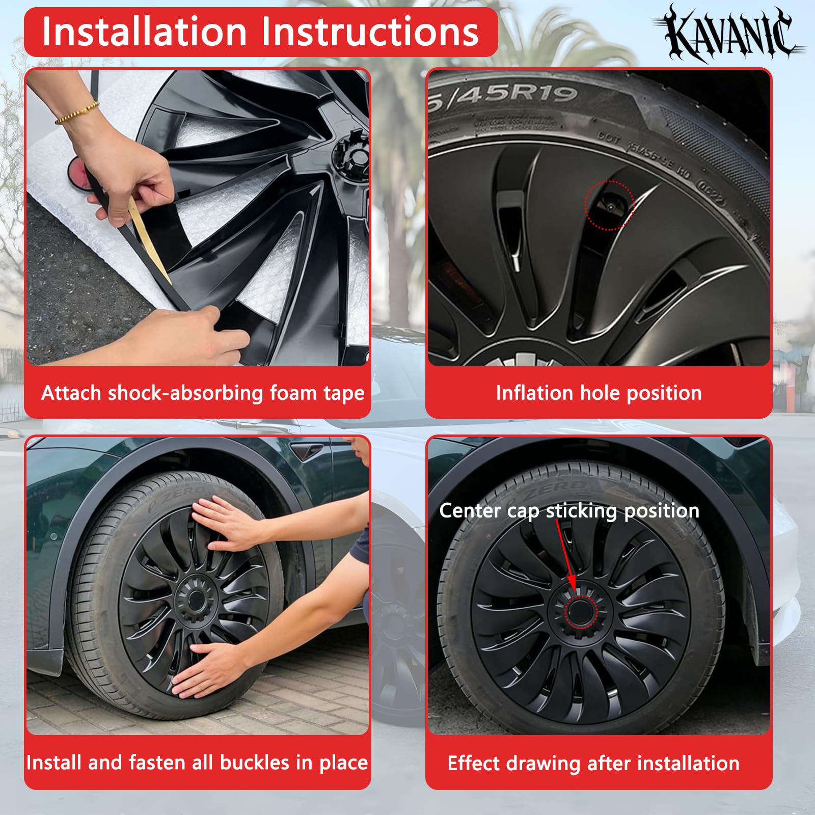 KAVANIC ABS-durable wheel cover for Model Y protects rims from debris.