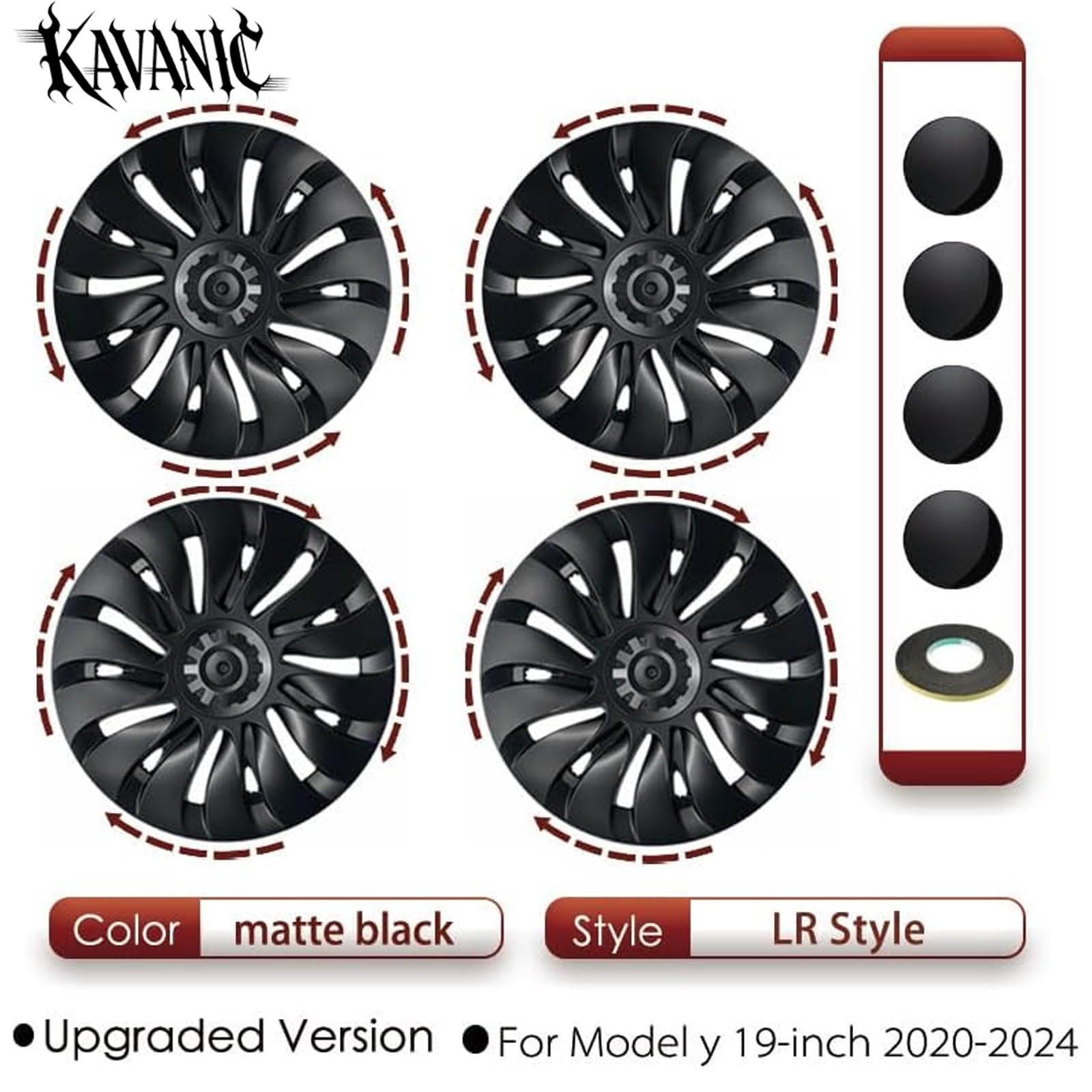 KAVANIC matte-black wheel cover for Tesla Model Y 19in adds rugged style and surface protection.