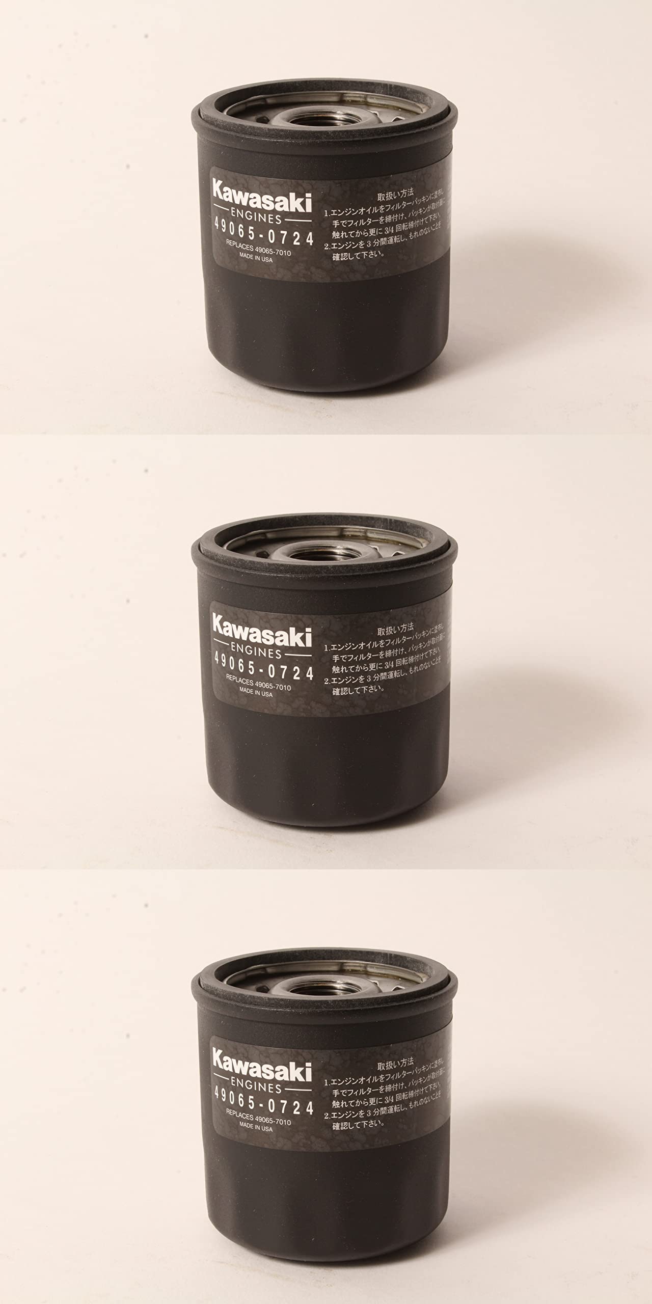 Kawasaki oil filter 3-pack back-side tag showing compatible engines.