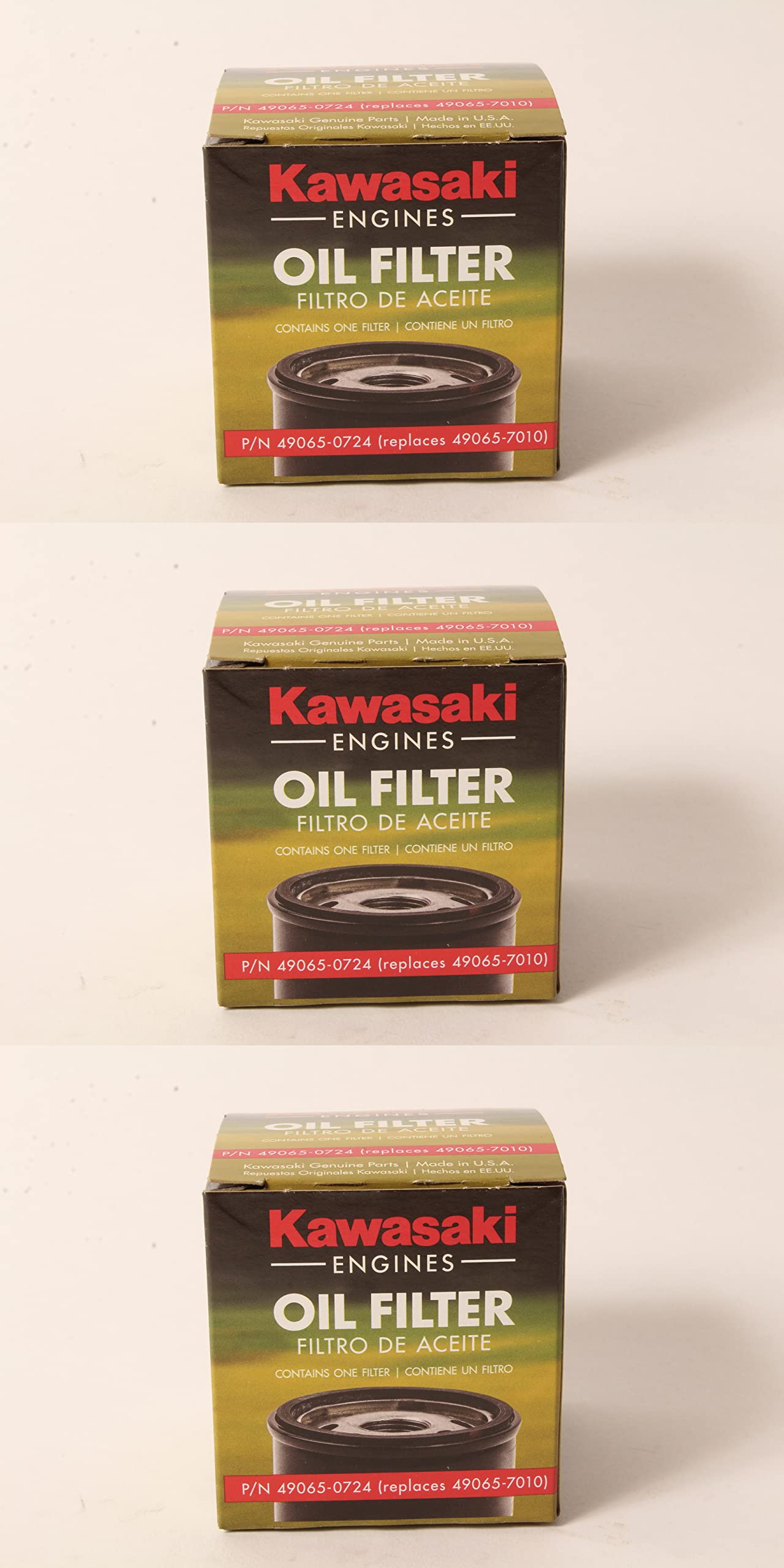 Kawasaki oil filter 3-pack front view for easy maintenance and OEM accuracy.