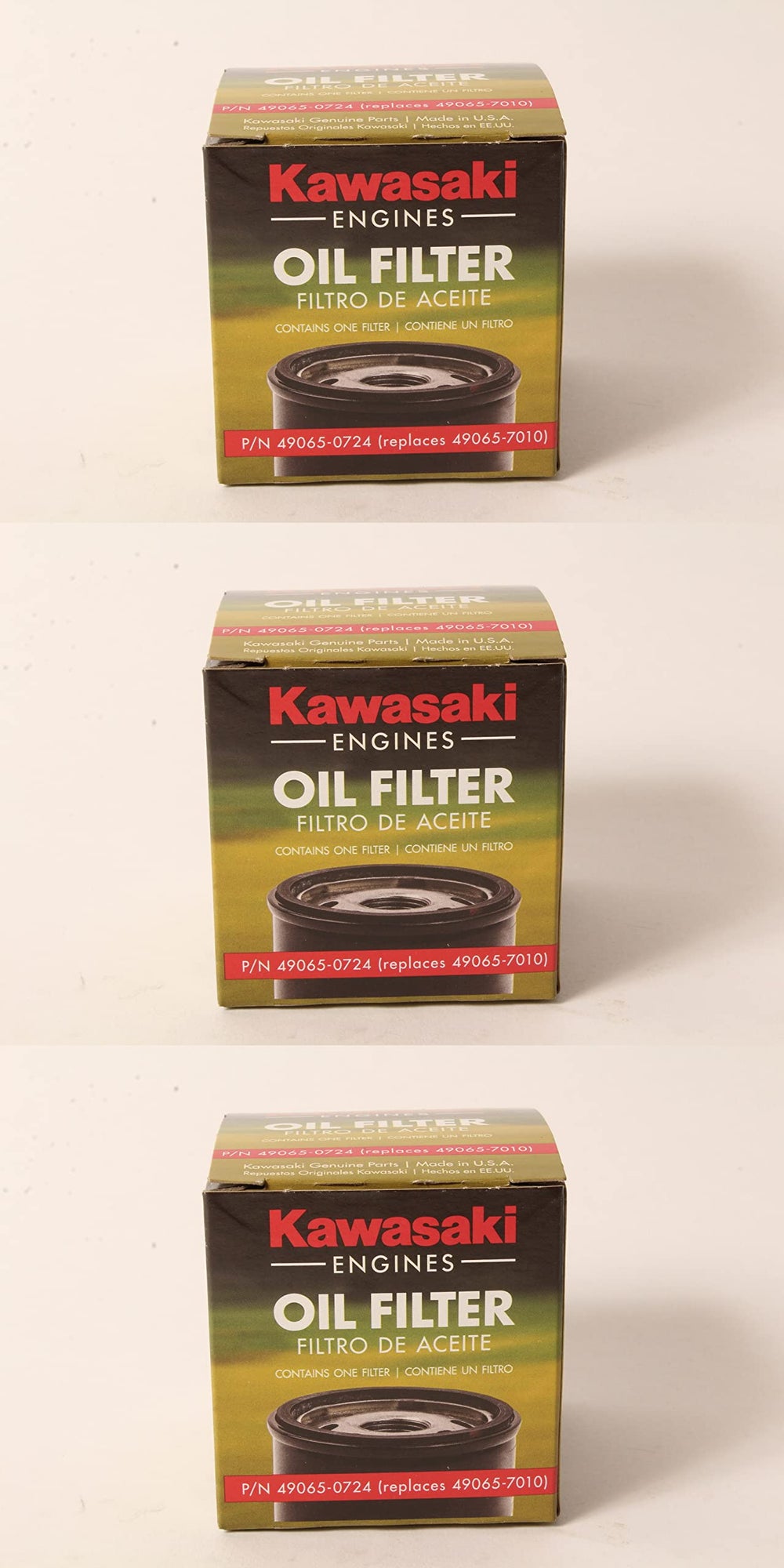 Kawasaki oil filter 3-pack front view for easy maintenance and OEM accuracy.