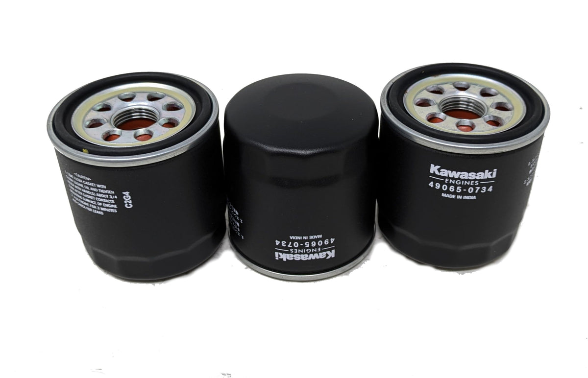 Kawasaki 49065-0734 oil filter closeup showing OEM design for reliable maintenance