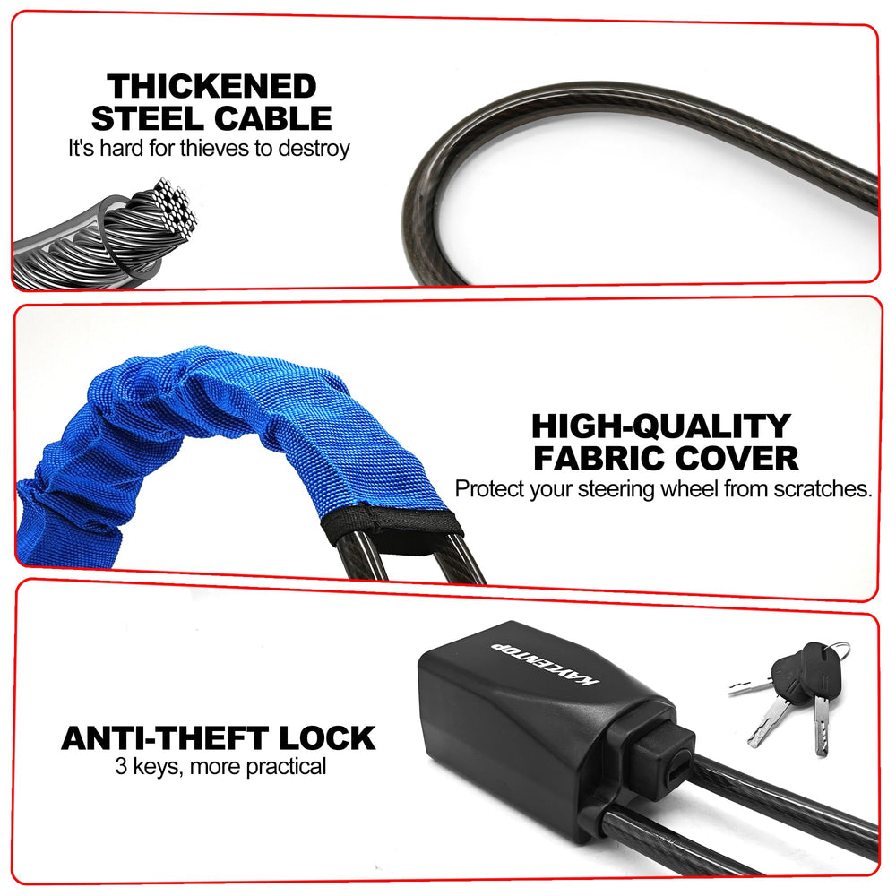 KayCENTOP steering wheel lock blue close-up, steel construction for reliability.