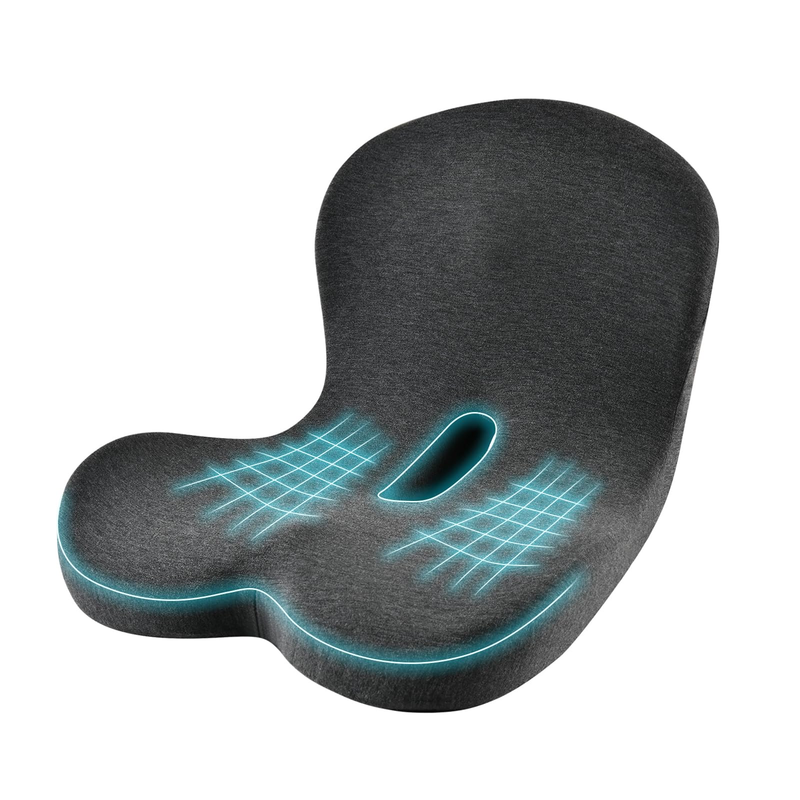 KAYI memory foam seat cushion with lumbar support on a chair improves posture.