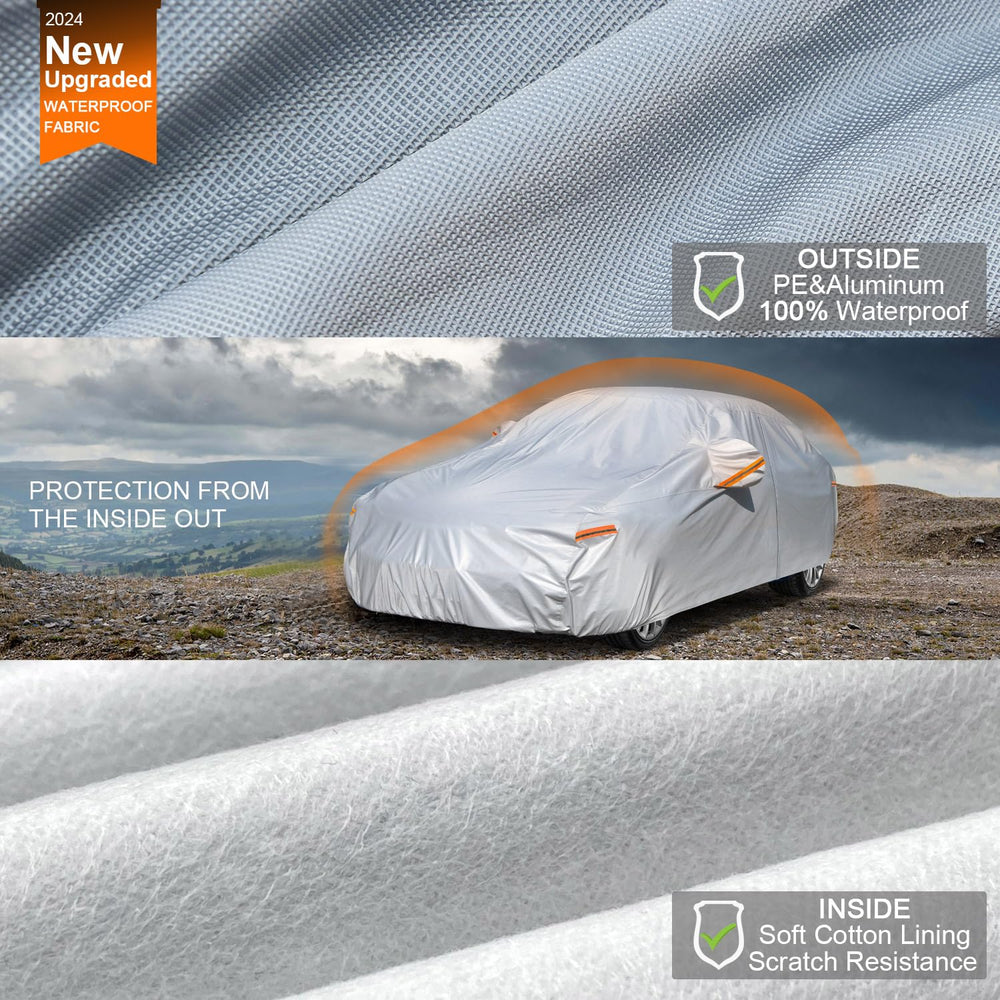 Kayme car cover with aluminum reflective layer to reduce sun heat exposure.