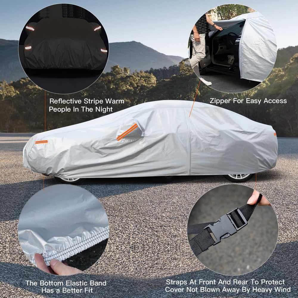 Kayme car cover with driver door zipper for easy access illustrated on a sedan.