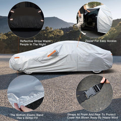 Kayme car cover with windproof straps keeps it secure during windy days.