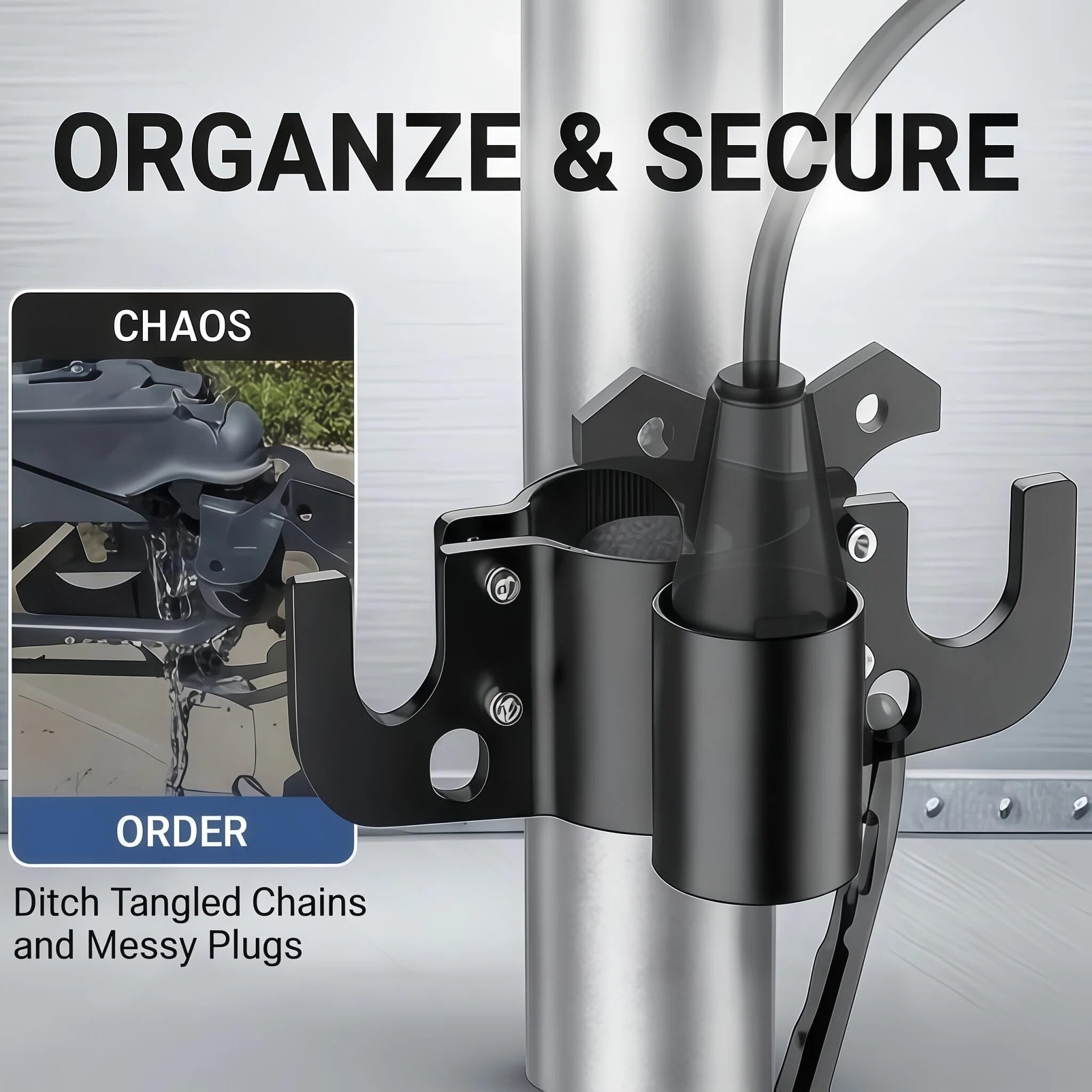KBBYT trailer chain organizer side mount demonstrates clutter-free prep for easy hook-ups.