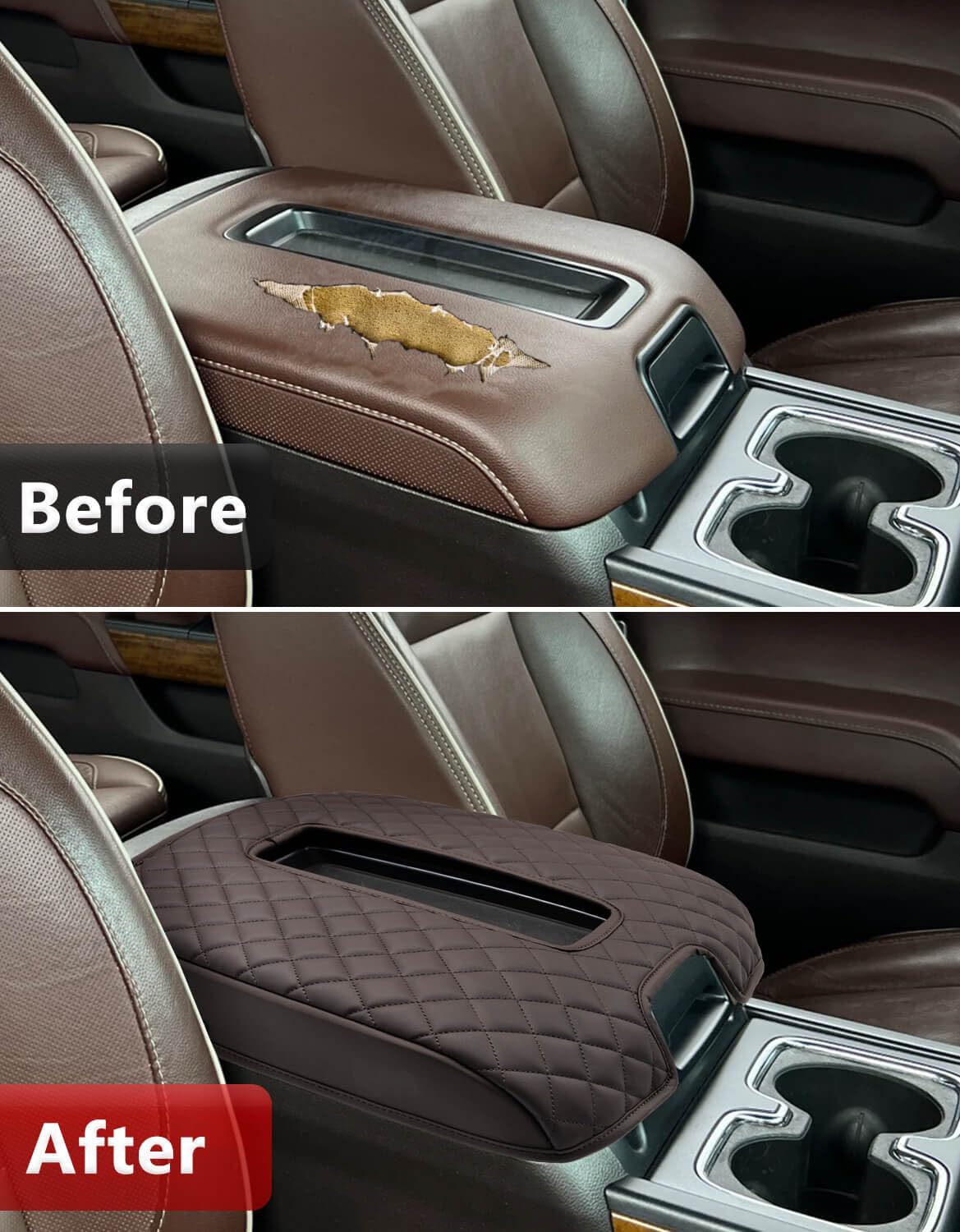 KBH dark brown center console cover blends with interior and protects the lid