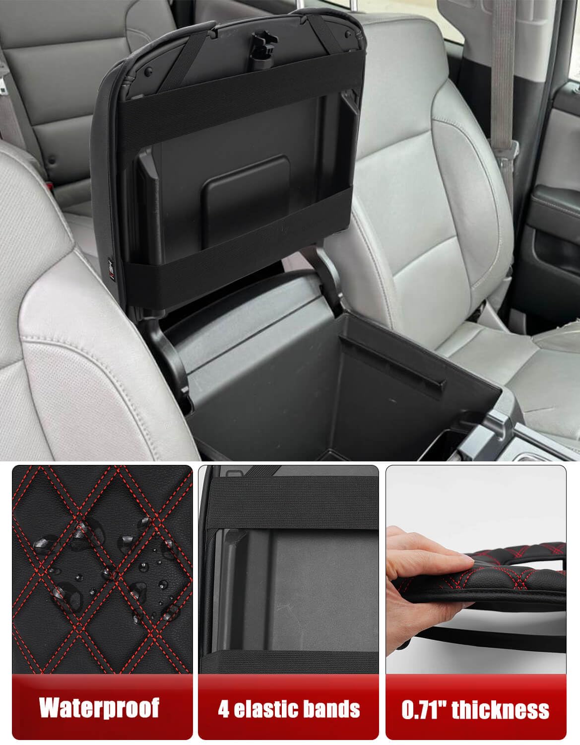 KBH vinyl leather center console cover black-red stitching improves grip.