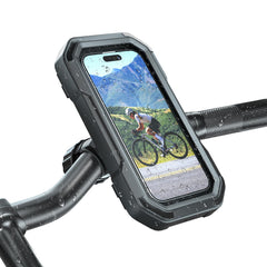 KDD waterproof bike phone holder mounted on handlebars with rain protection and clear touchscreen access.