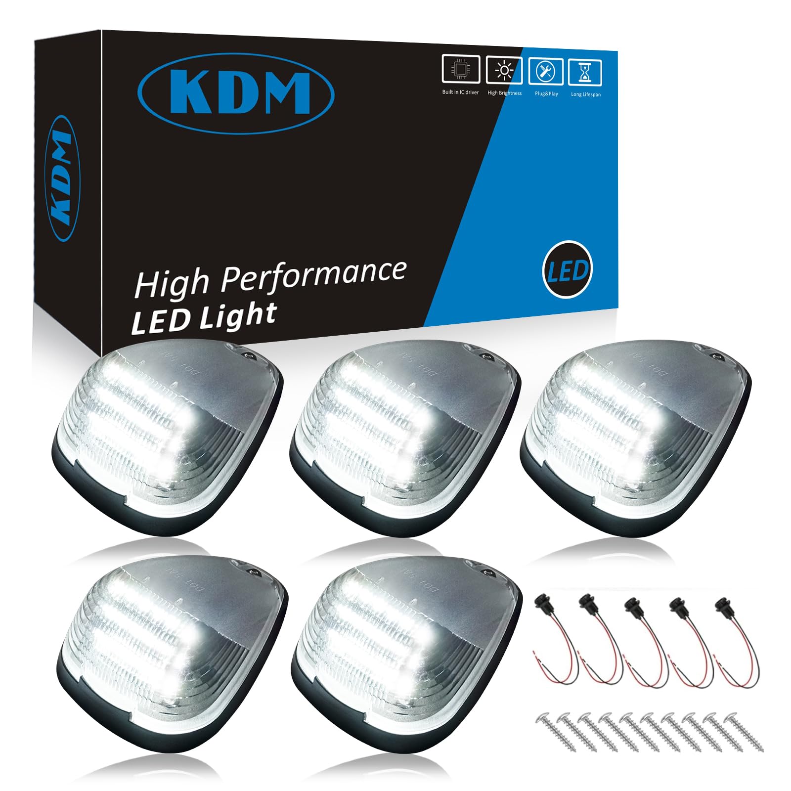 KDM clear-lens LED cab roof light assembly for Ford; plug-and-play installation
