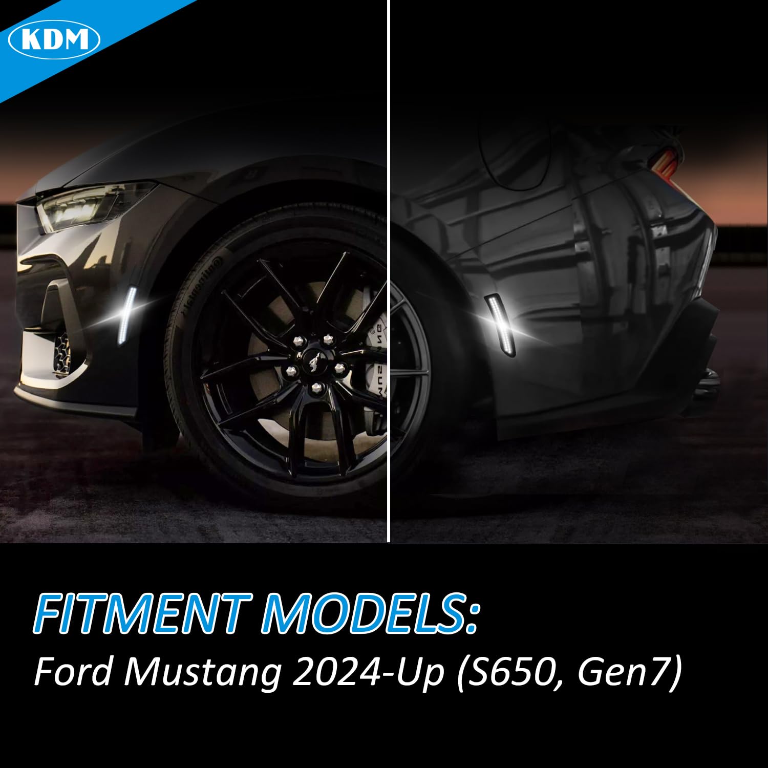 KDM smoked rear marker closeup highlighting finish on Ford Mustang Gen7