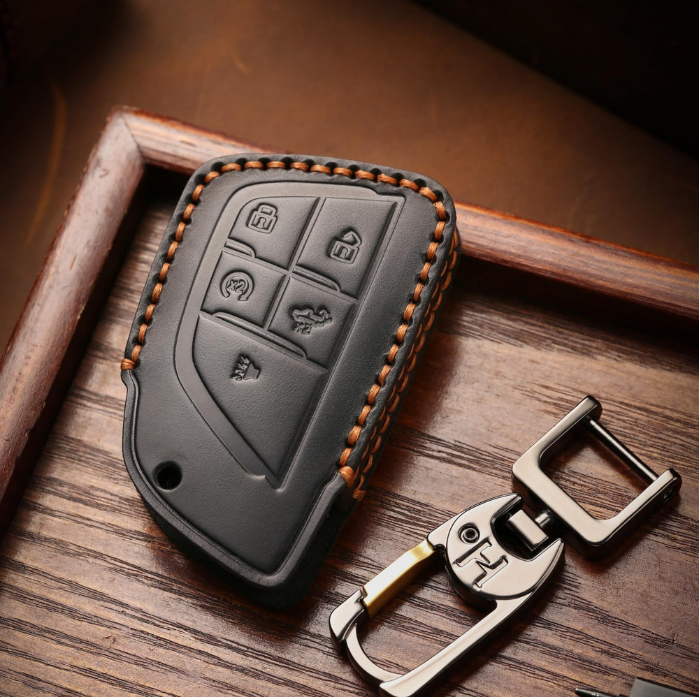 KEAIKE leather key fob cover for Silverado 2500HD-3500HD in black.