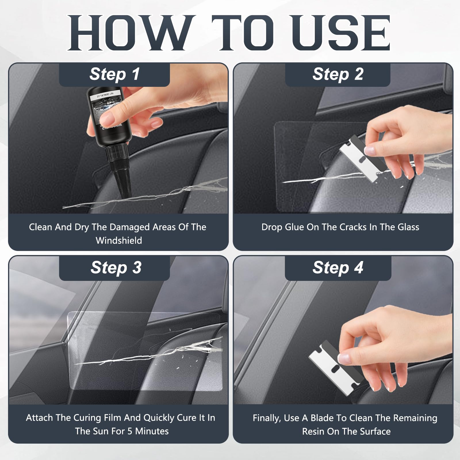 KEBEGE easy-to-use steps guide for quick DIY windshield fixes.