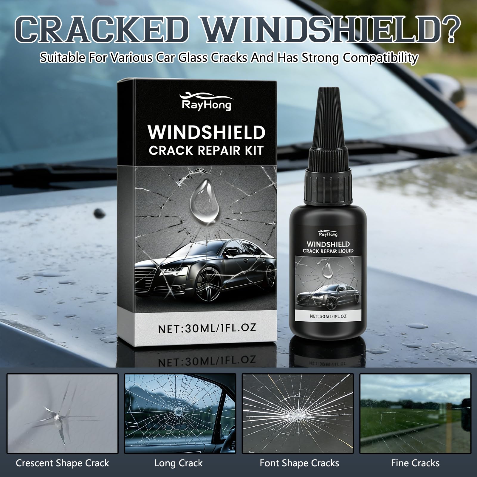 KEBEGE multi-surface repair works on windshields, side windows and mirrors.
