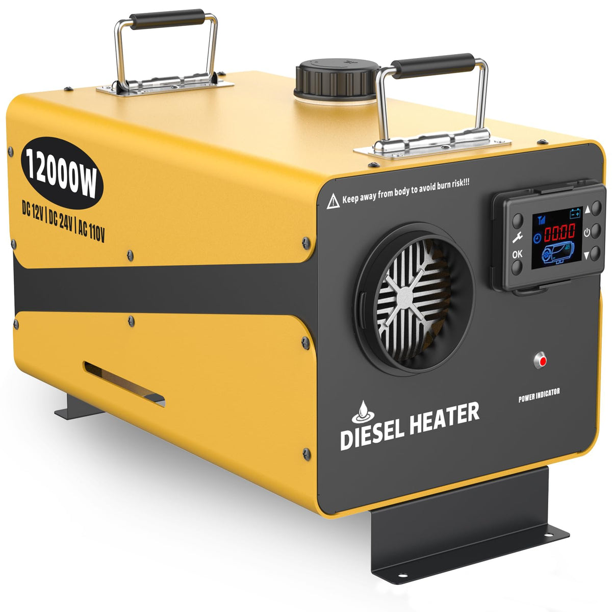 Kedite 12000W diesel heater front view showing rapid warmth for chilly mornings.