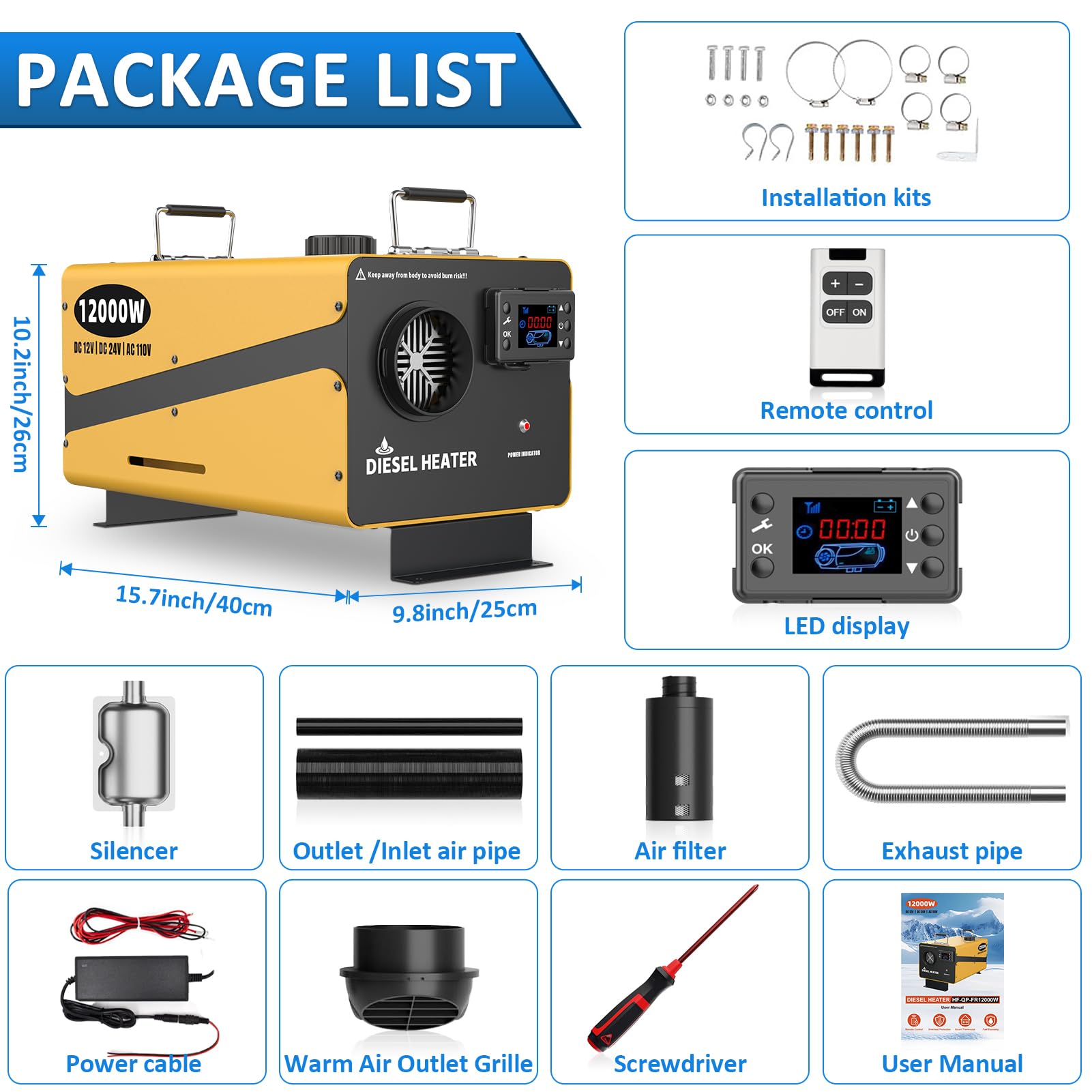 Kedite 12000W diesel heater LCD display highlights easy temperature control.