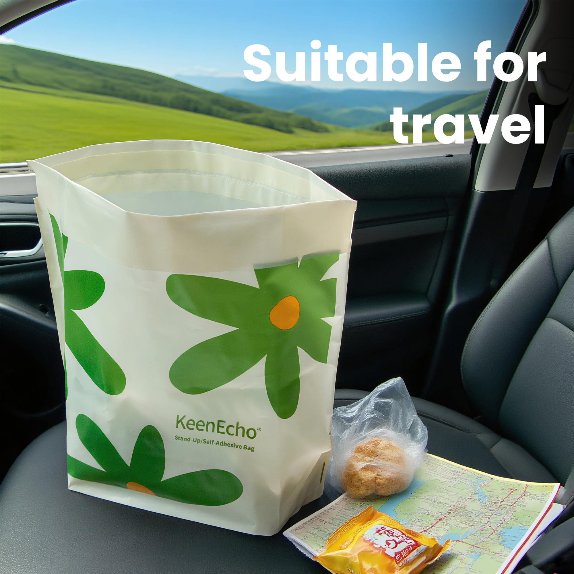 KeenEcho stick-on and stand design keeps trash organized in cars.