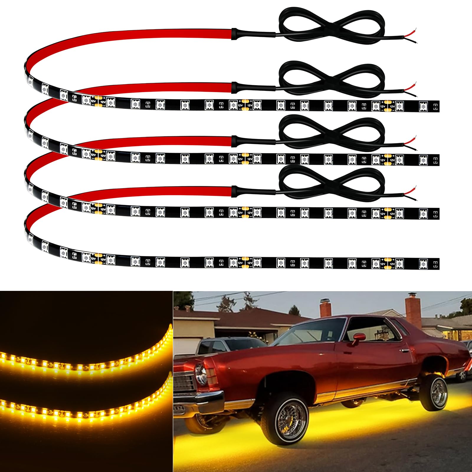 Keiurot 12V amber LED strip, 24in, ideal for car interior ambient lighting.