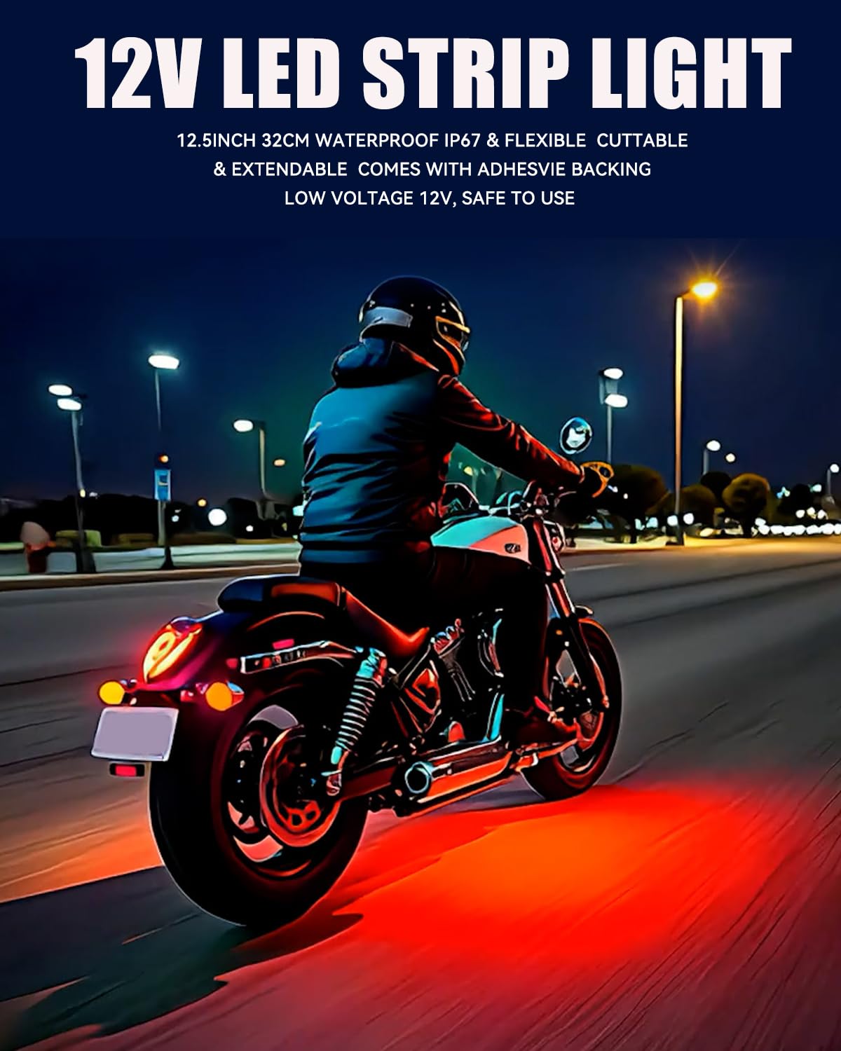 Keiurot red 12V LED strip for motorcycles enhances visibility and style.