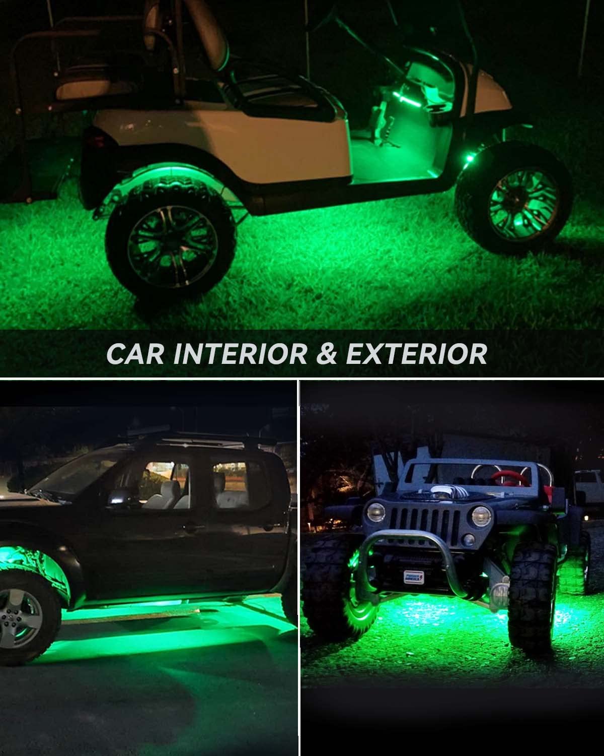 Keiurot green LED strip for golf cart underglow, vivid visibility.