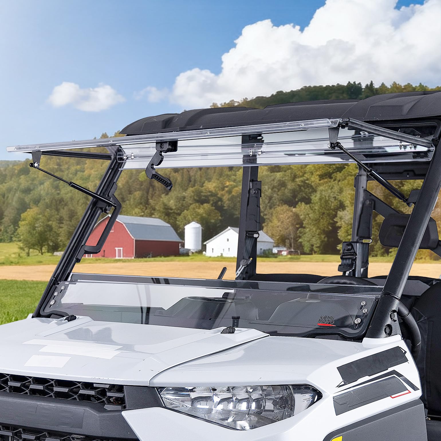 KEMIMOTO 3-in-1 flip windshield front view for Polaris Ranger with clear polycarbonate visibility