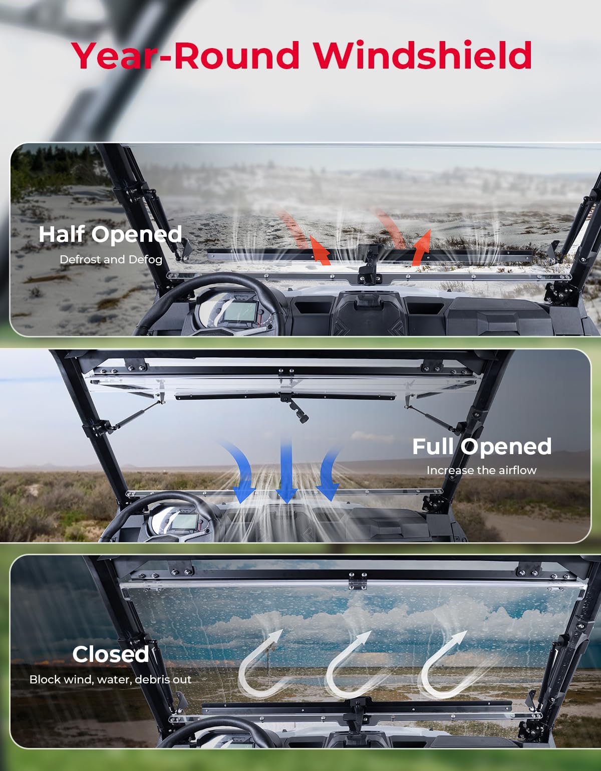KEMIMOTO windshield fully closed mode emphasizes wind protection during stops