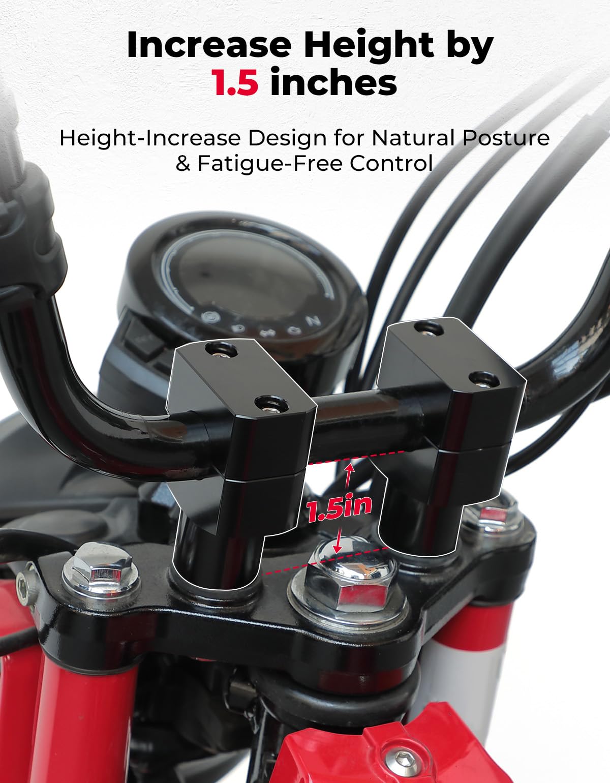 KEMIMOTO riser demonstrates 1.5 inch height increase for natural riding posture