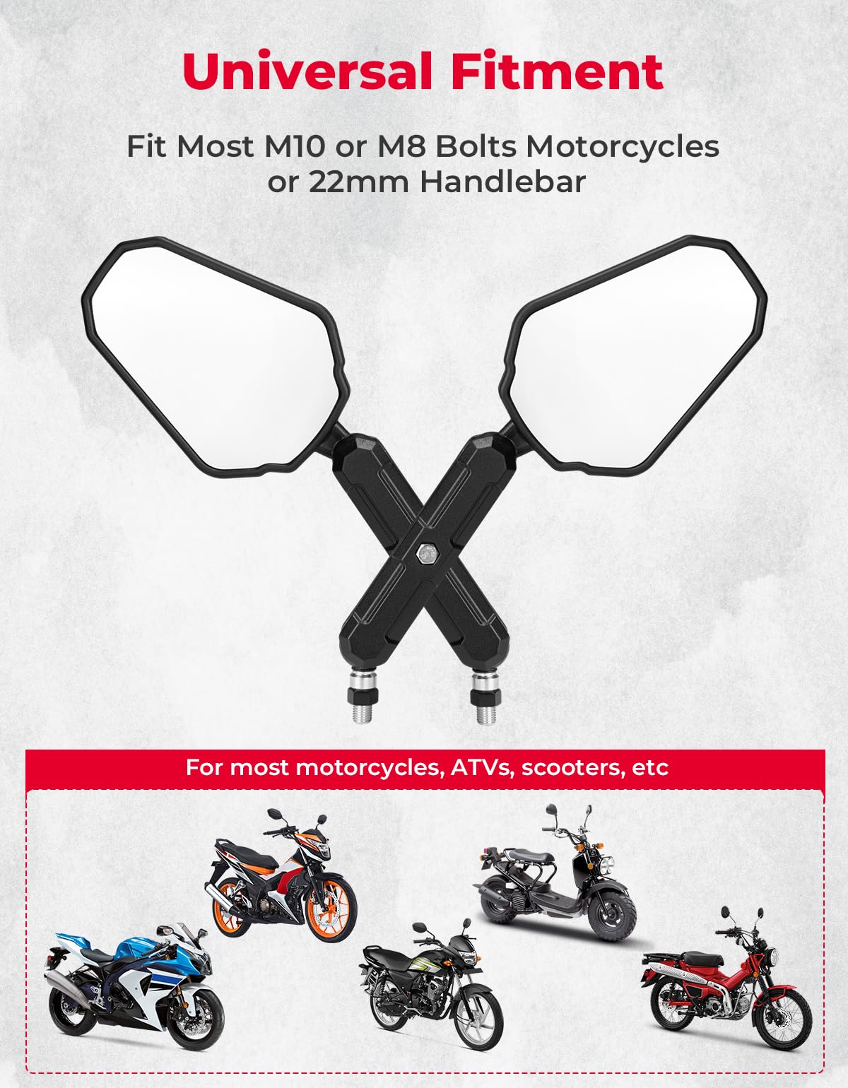 KEMIMOTO ABS-shell mirrors with aluminum rods offer durable performance on rugged rides