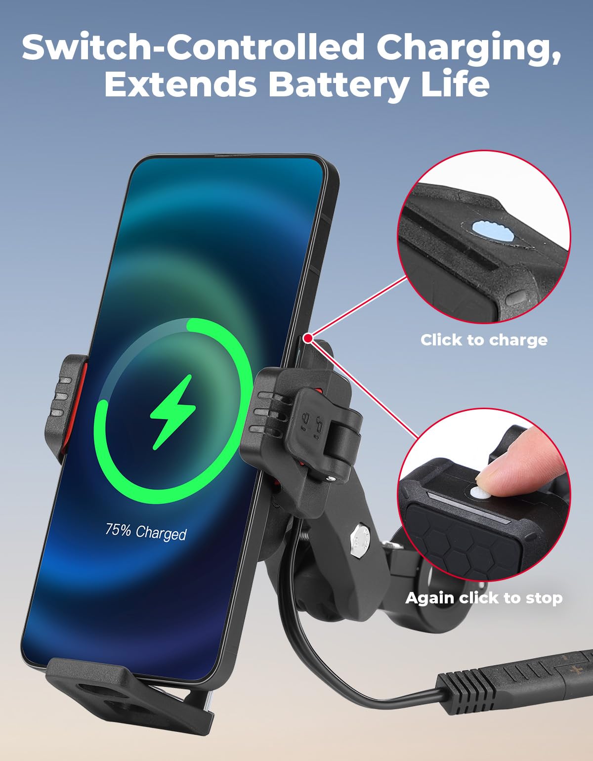 KEMIMOTO anti-theft mount with PD/USB-C port enables dual charging on trips.