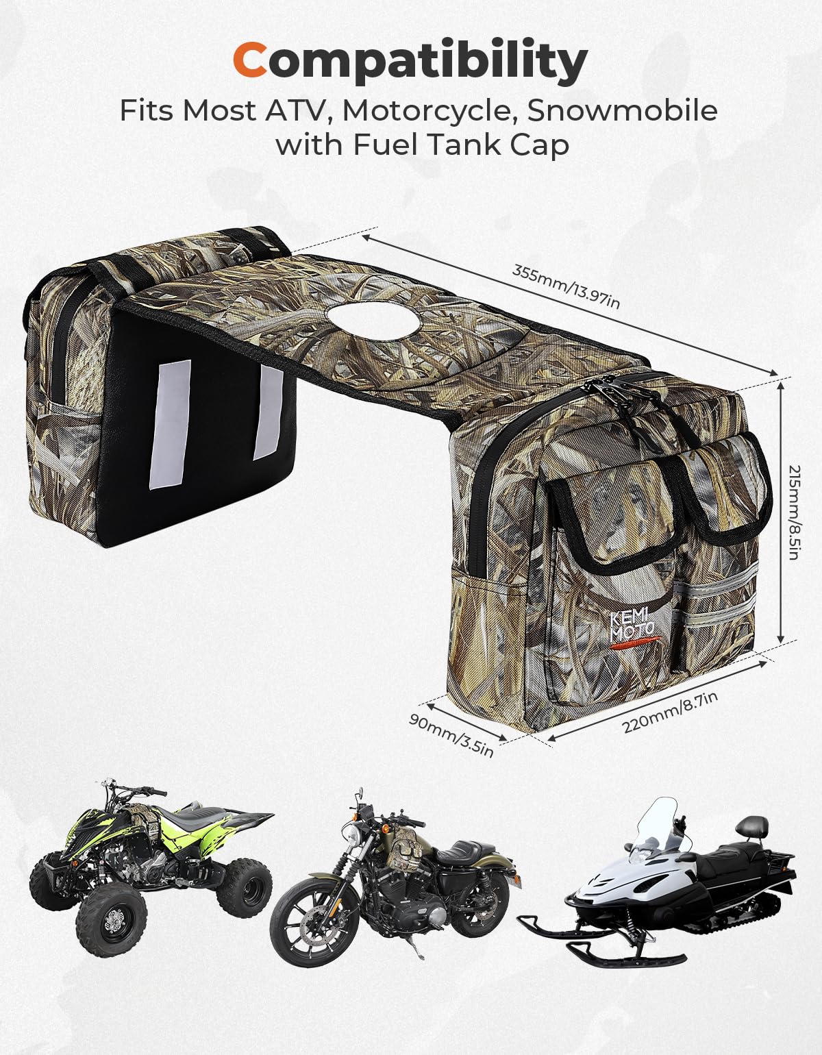 KEMIMOTO ATV tank bag universal fit for ATVs, snowmobiles, and more