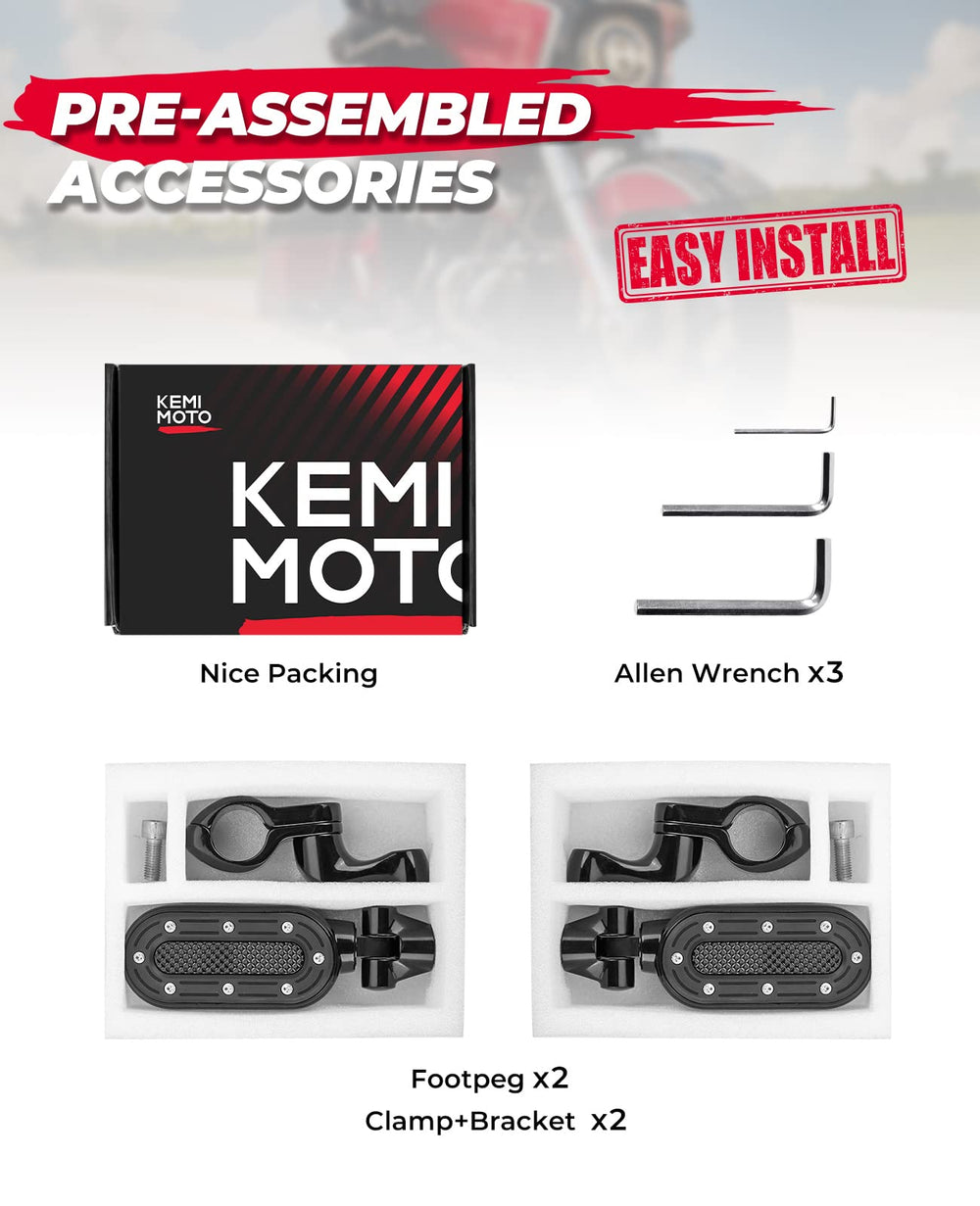 KEMIMOTO black finish engine guard peg profile on Harley touring bike.