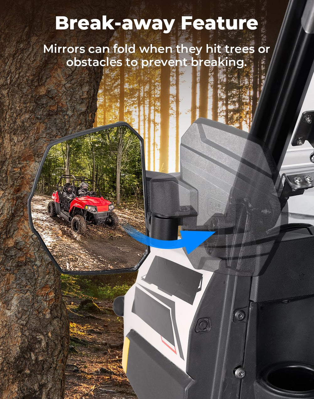 KEMIMOTO break-away folding mirror design reduces damage on narrow trails.