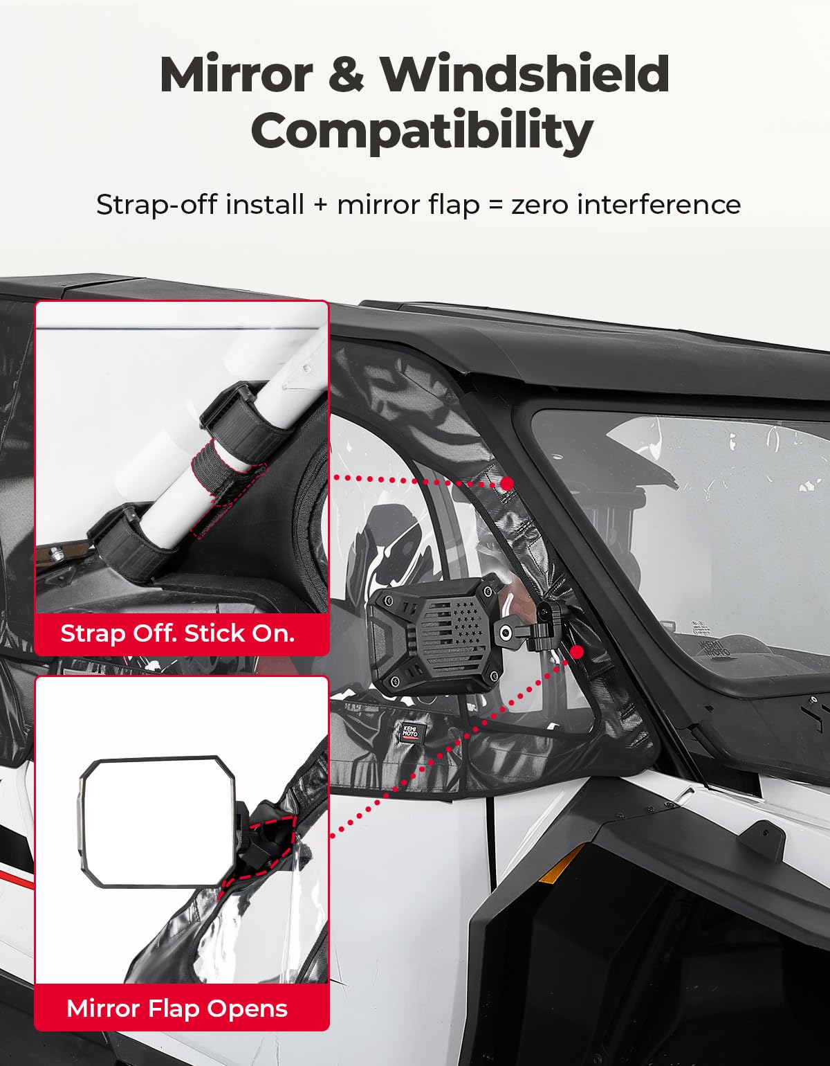 Kemimoto cab enclosure installs in two simple steps.