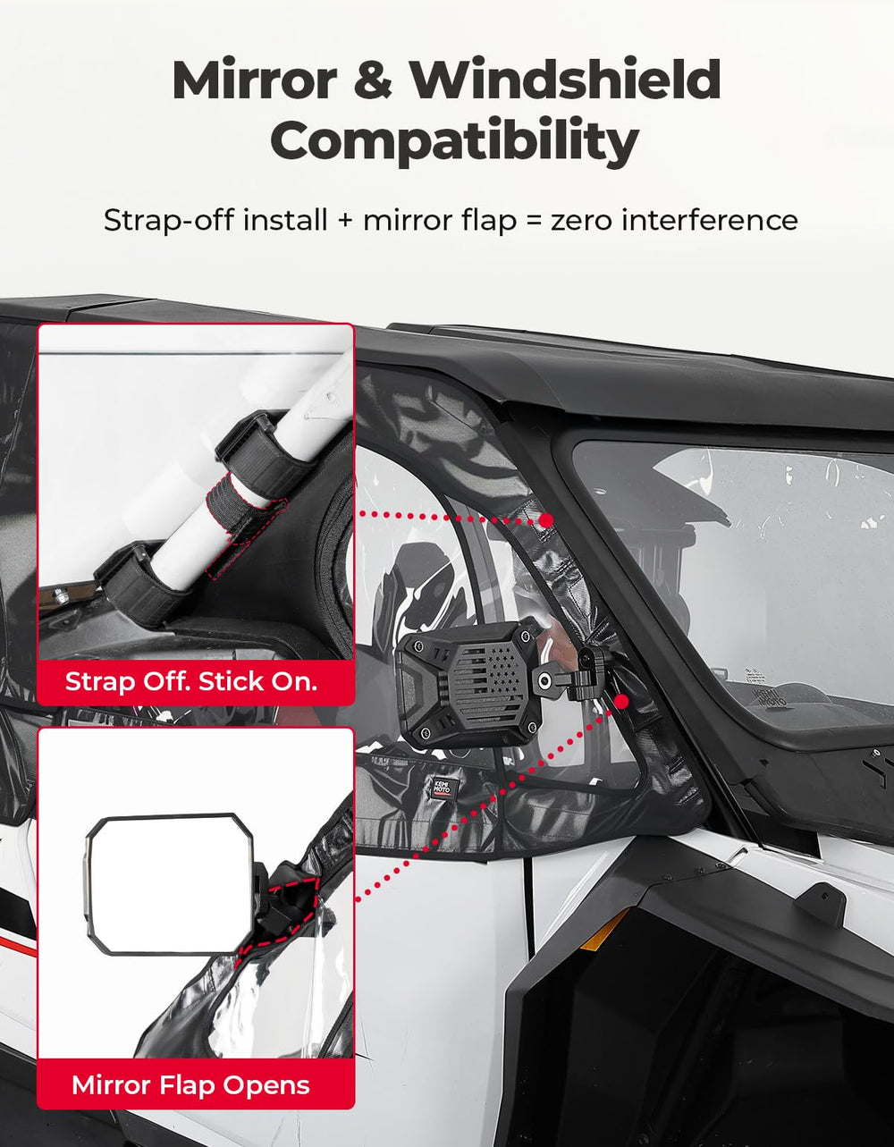 Kemimoto cab enclosure installs in two simple steps.
