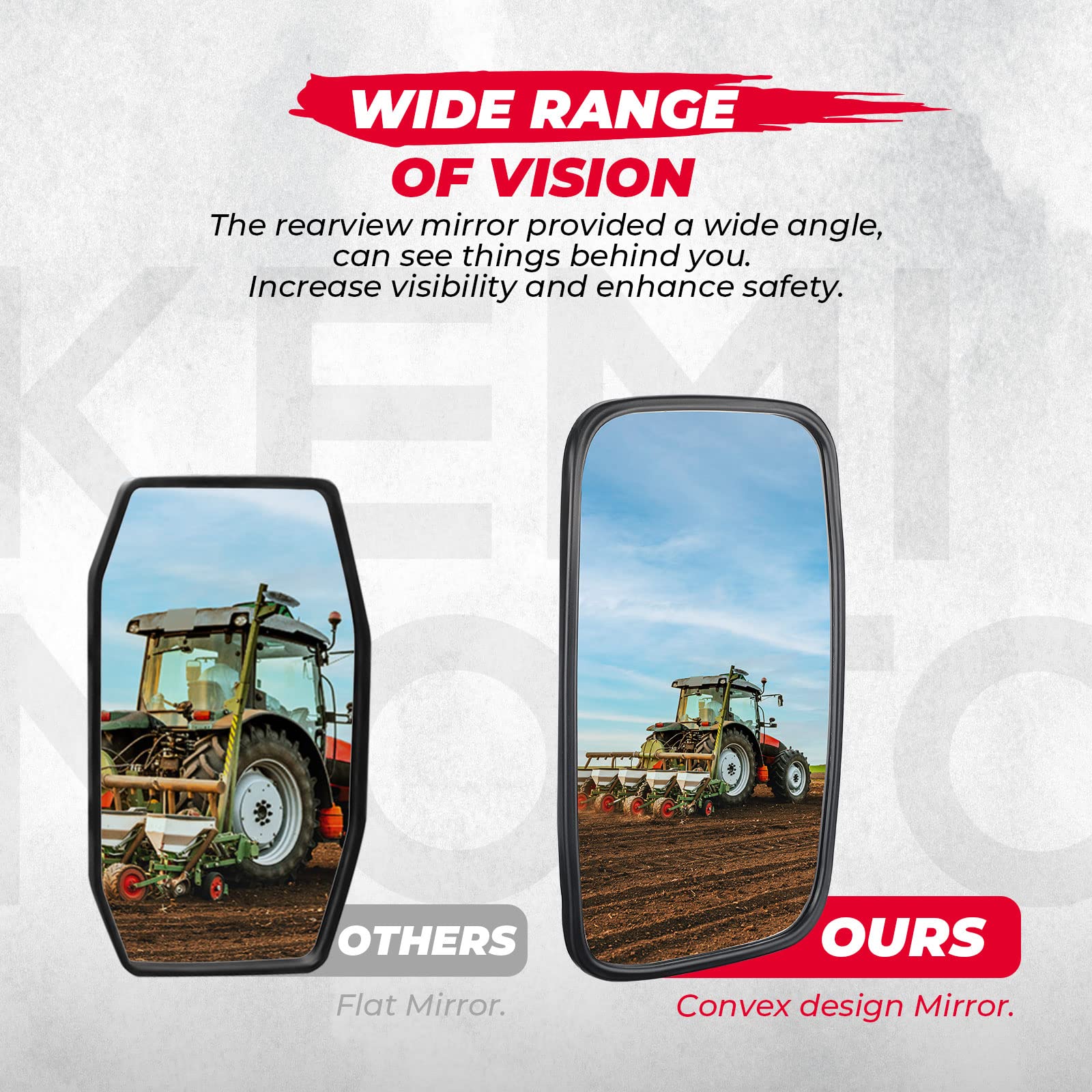 KEMIMOTO convex mirror view expands rear visibility for obstacle spotting.