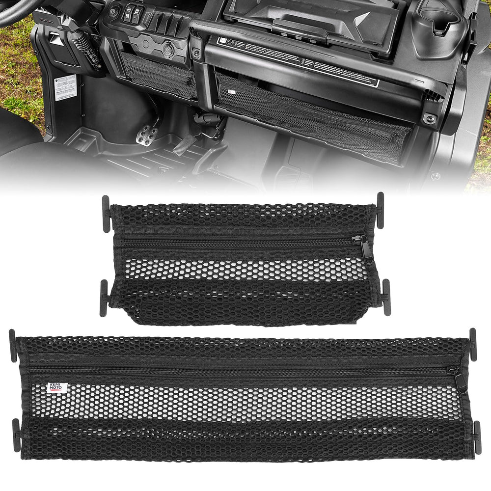 KEMIMOTO dash storage net for Defender, top view, convenient access on rough trails.