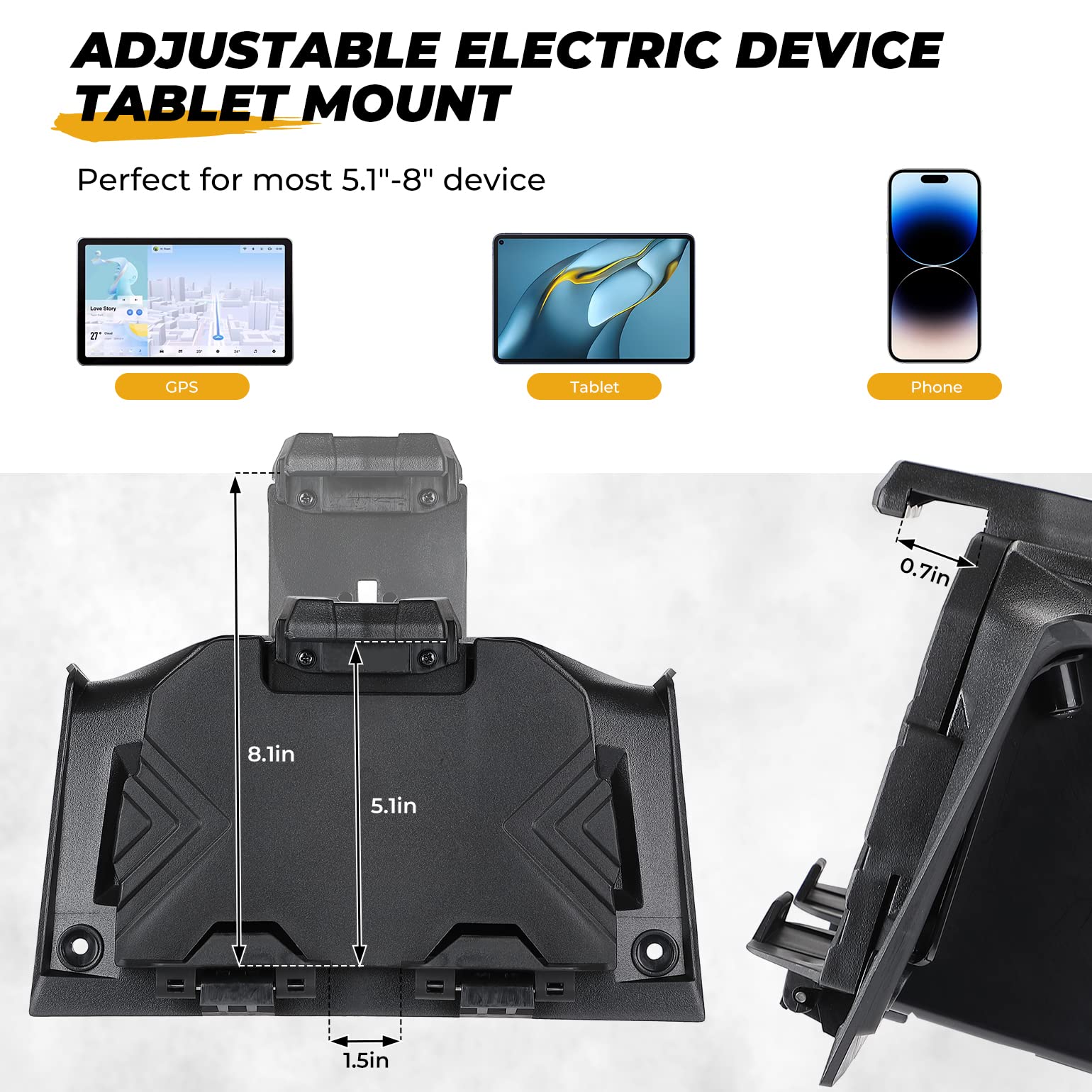 Tablet holder above dashboard enabling convenient charging while riding