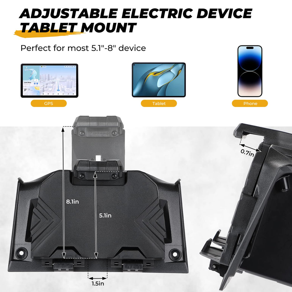 Tablet holder above dashboard enabling convenient charging while riding