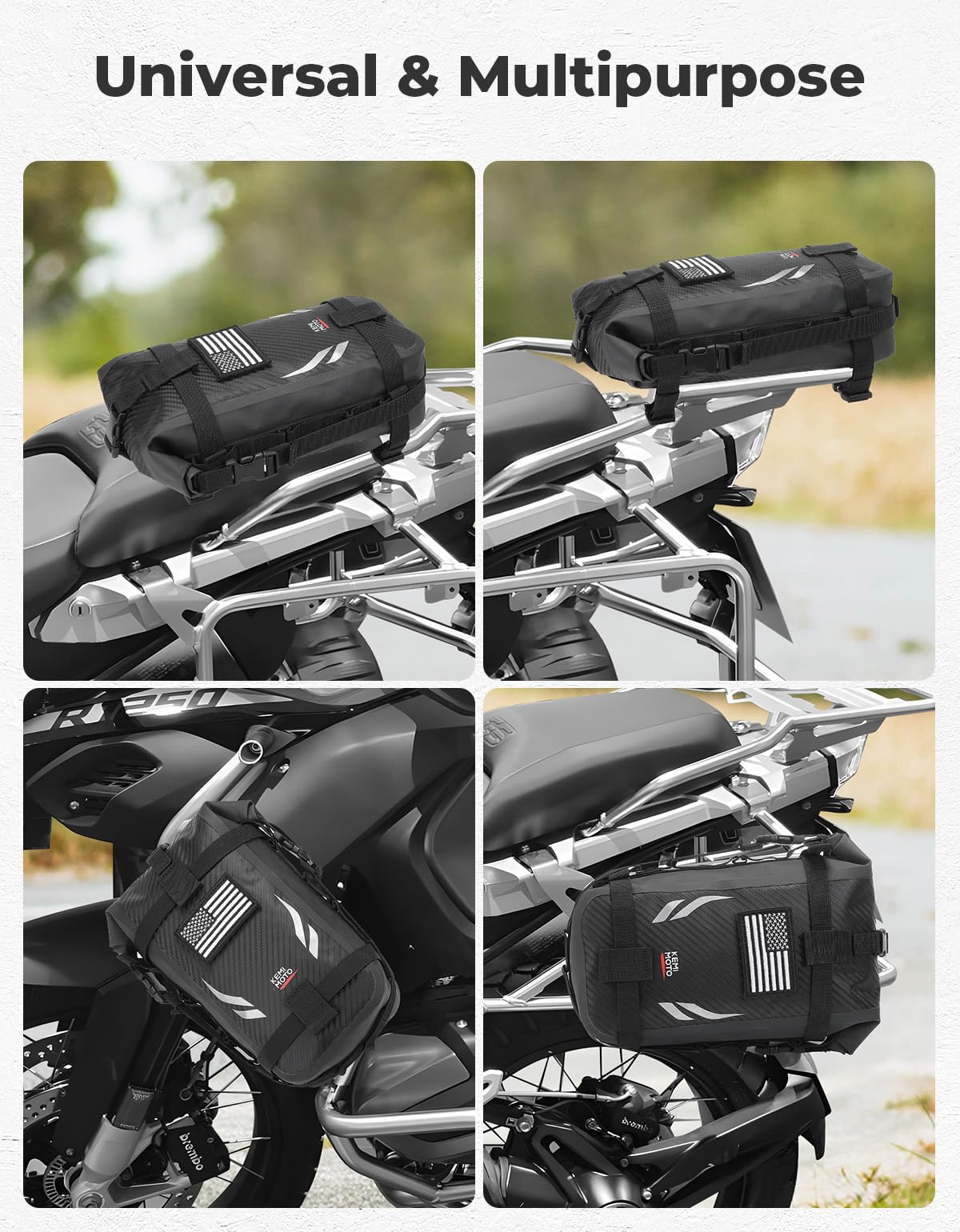 KEMIMOTO crash bar bag with adjustable straps stays stable.