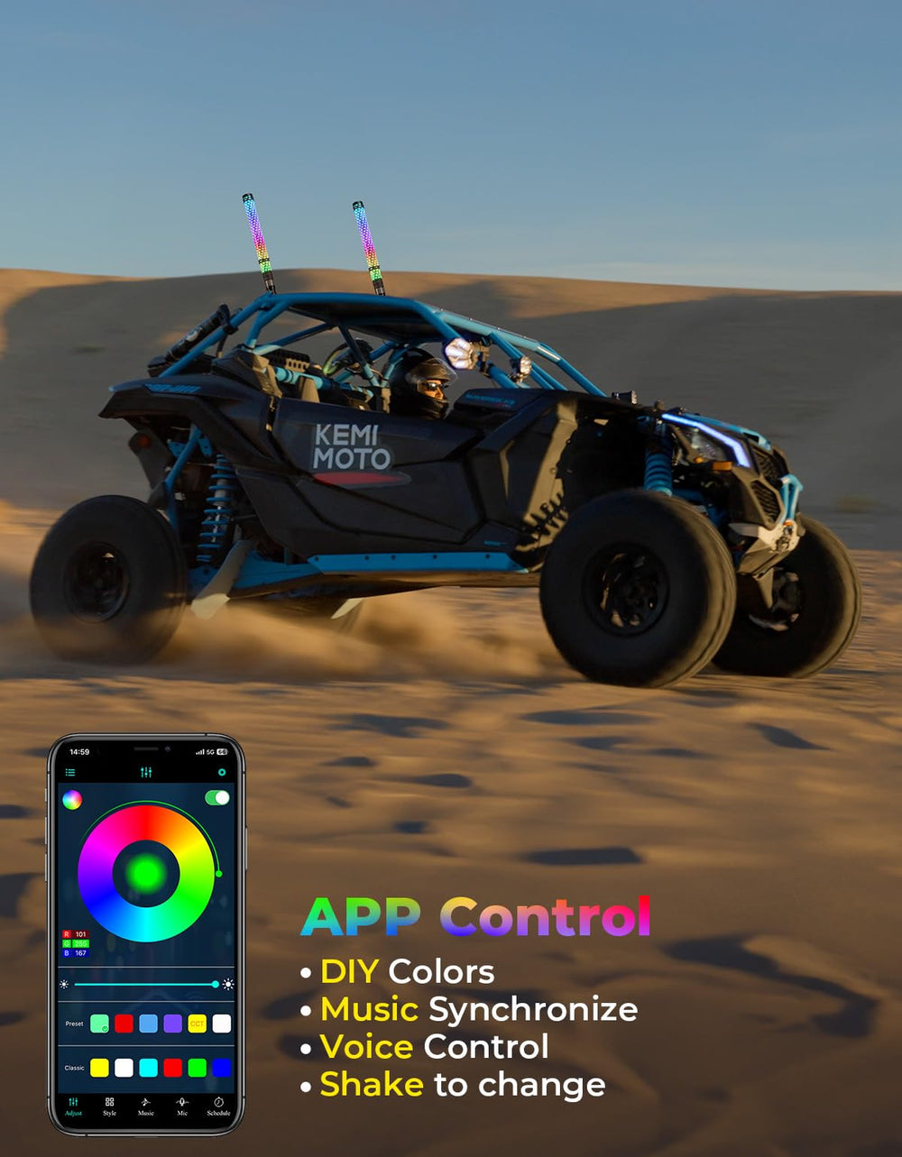 KEMIMOTO fat whip light 2ft color mode showcase highlights customizable visuals