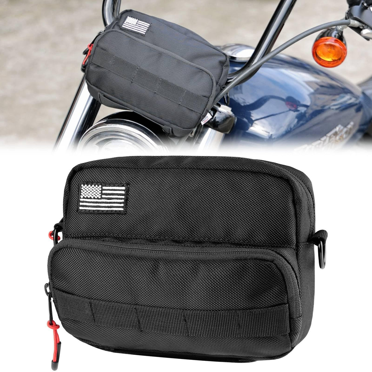 Kemimoto handlebar tool bag front view with orange interior for quick access.