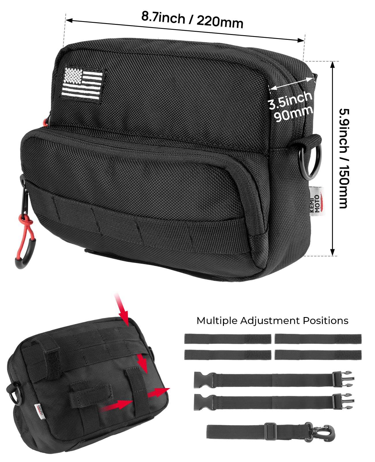 Kemimoto handlebar tool bag with straps and buckle for secure fastening.