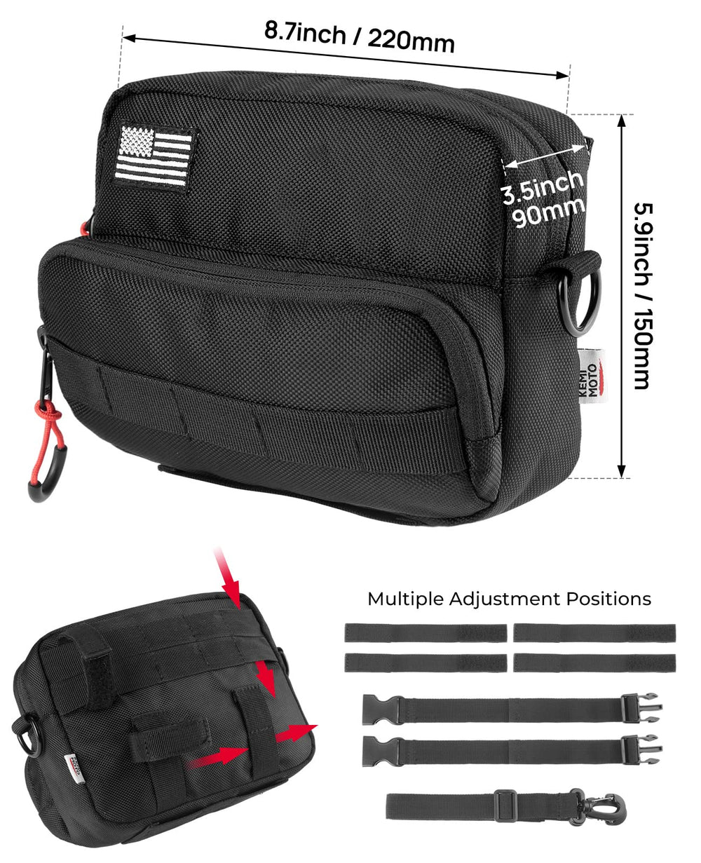 Kemimoto handlebar tool bag with straps and buckle for secure fastening.